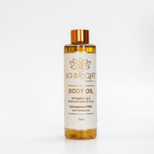 this so bright vitamin c & e body oil is a luxurious, skin perfecting treatment designed to deeply hydrate while illuminating your natural complexion. infused with a powerful blend of antioxidant rich vitamins and brightening botanical extracts, this oil provides a silky, non greasy finish for a head to toe glow. ​key benefits ​triple action brightening: combines the power of vitamin c, glutathione, and lemon oil to target dullness and promote a radiant, even skin tone. ​deep nourishment: vitamin e works to repair the skin barrier and lock in essential moisture, leaving skin feeling soft and supple. ​safe & effective: a hydroquinone free (sans hydroquinone) formula that focuses on healthy, natural brightening without harsh chemicals. ​anti oxidant protection: helps shield the skin from environmental stressors that cause premature aging.vitamin c & e body oil